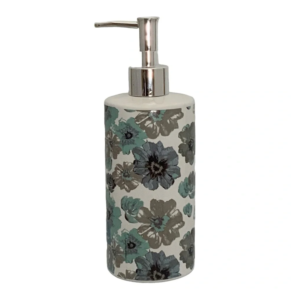 Sunburst Blue Grey Moth Clay Floral Ceramic Soap Lotion Dispenser 16 Oz